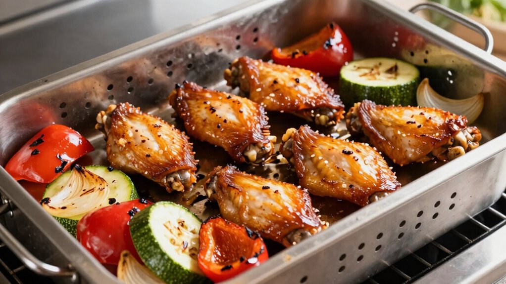 cooking wings and vegetables