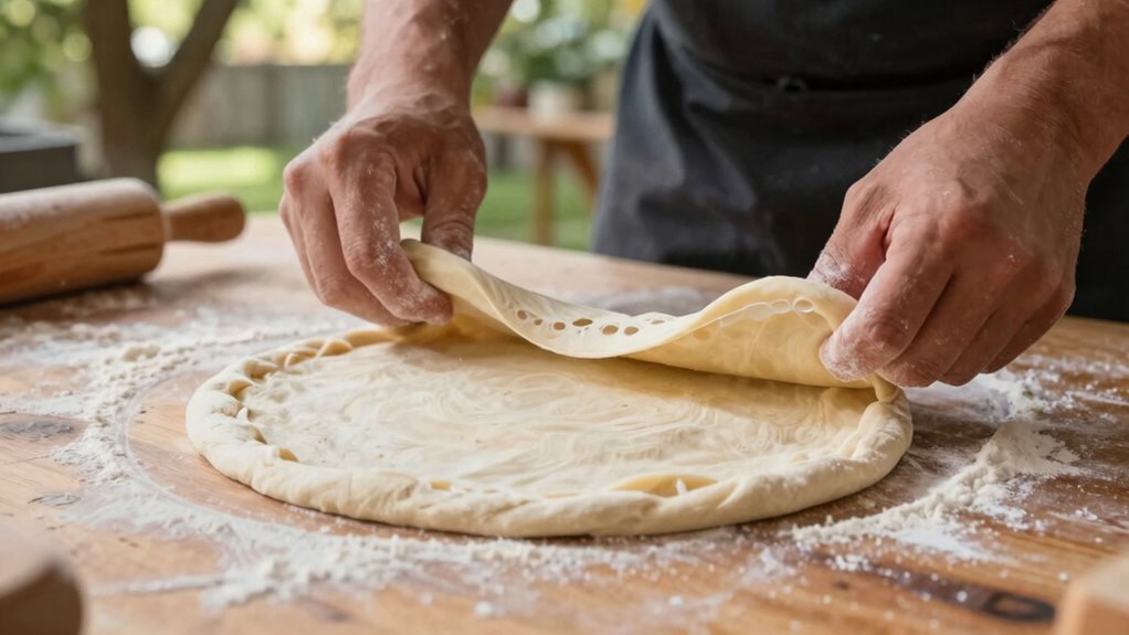 hand stretching pizza dough