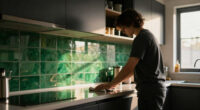 Black, Bold Cabinets And Dramatic Green Tiles Refresh This 2000S Kitchen