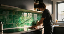 Black, Bold Cabinets And Dramatic Green Tiles Refresh This 2000S Kitchen
