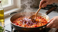 Tomato Risotto With Frizzled Red Onions