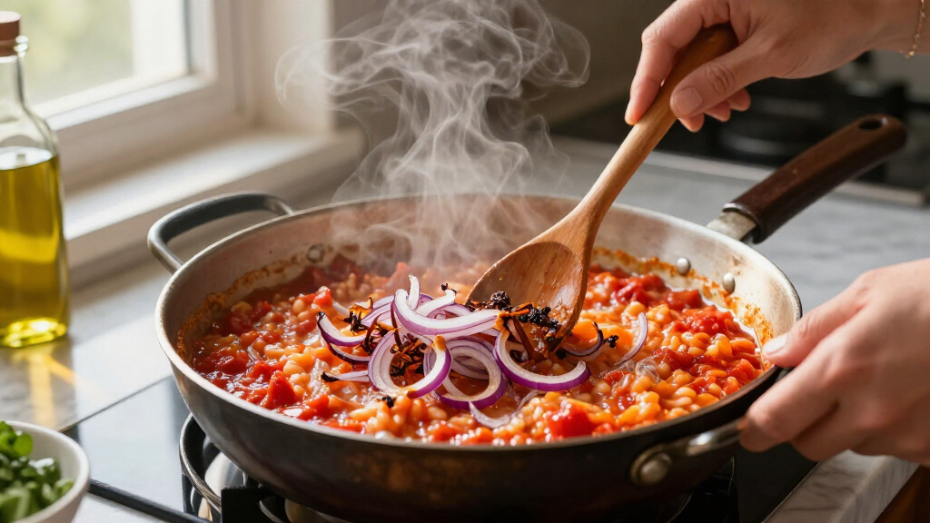 Tomato Risotto With Frizzled Red Onions